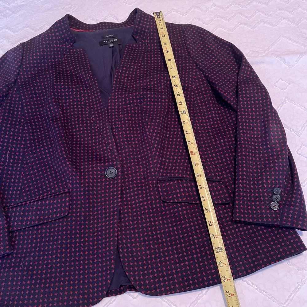 Talbots Aberdeen Knit 1 Button Blazer Jacket 14W‎ Navy Blue Red Mandarin Collar